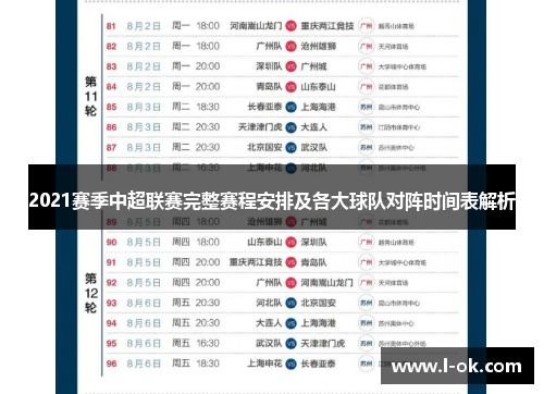 2021赛季中超联赛完整赛程安排及各大球队对阵时间表解析