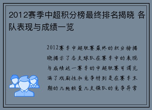 2012赛季中超积分榜最终排名揭晓 各队表现与成绩一览