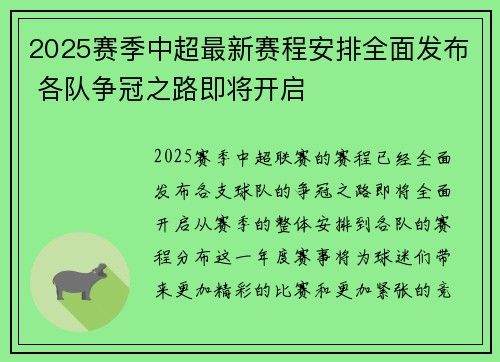 2025赛季中超最新赛程安排全面发布 各队争冠之路即将开启