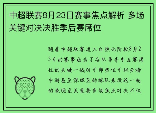 中超联赛8月23日赛事焦点解析 多场关键对决决胜季后赛席位