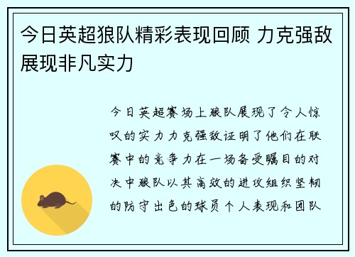 今日英超狼队精彩表现回顾 力克强敌展现非凡实力